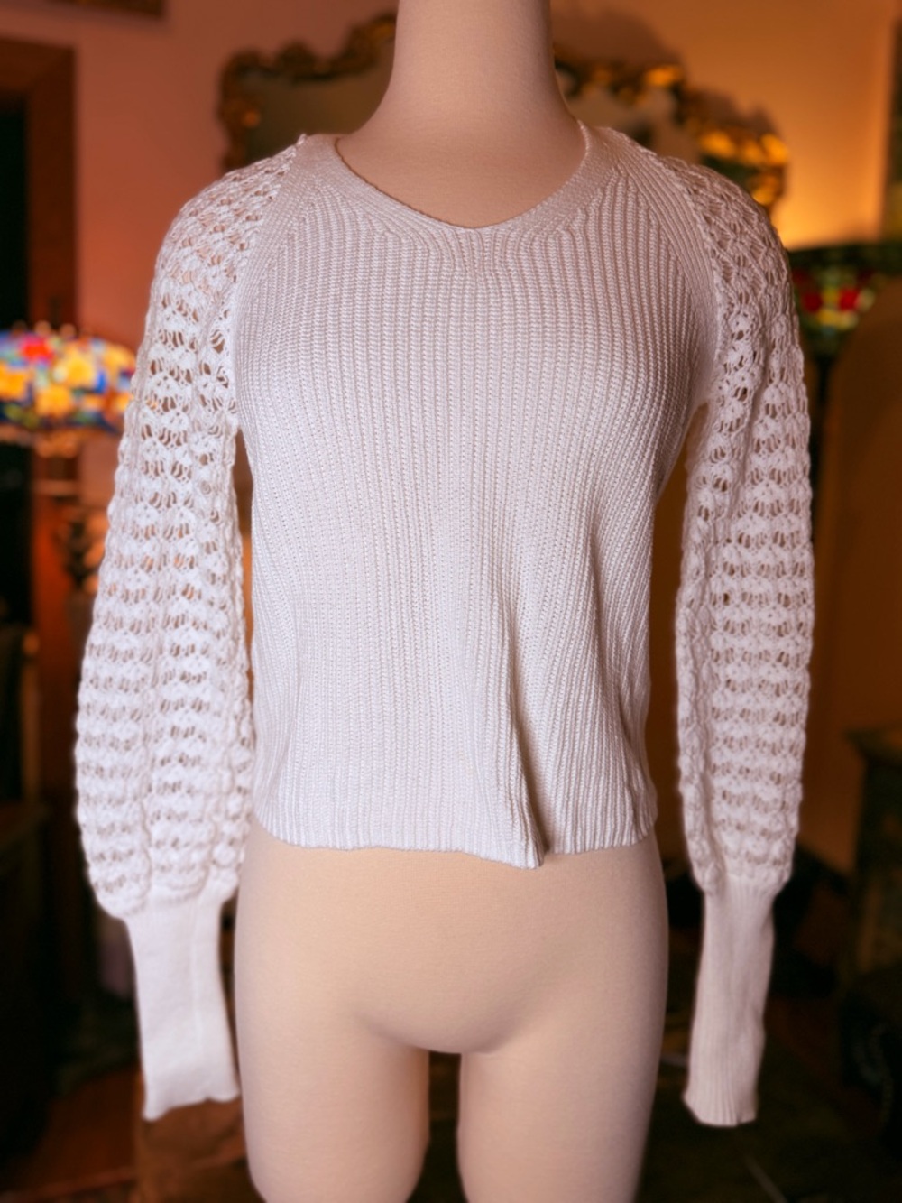 White Rib Knit Sweater with Openwork Puff Sleeves and rib cuff